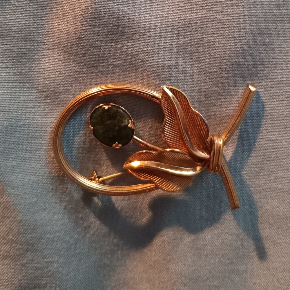 Vintage Brass Pin with Serpentine Stone